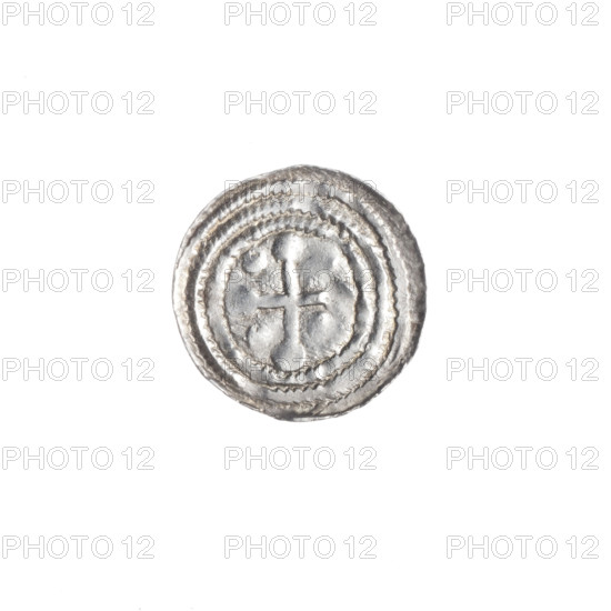 denarius, Boleslaw III Krzywousty (prince of Poland; 1107–1138), Boleslaw III Krzywousty (prince of Poland; 1086–1138), equal-armed cross, spearhead (issue mark), crosses, chain mail, allegories, mouth, martyrs, knight, dragons, Romanesque (style), knights, dragon, mouths, fight between good and evil, Adalbert (Saint; ca. 956–997), fight against pagans, Middle Ages, spear, spears. Obverse: in a linear border, a knight in chain mail thrusting the spearhead into the jaws of a dragon turned upside down; above the knight's left foot, on its outer side, a dot. Reverse: in a triple beaded border, an isosceles cross topped with balls; between its arms, one ball. ca. 1125–1138. Poland, Kraków. Coin; diameter 12.8–13.1 mm; weight 0.45 g.