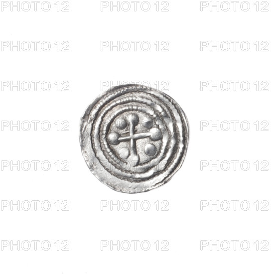 denarius, Boleslaw III Krzywousty (prince of Poland; 1086–1138 / reign 1107–1138), Romanesque, Middle Ages, ca. 1125–1138, Poland, Kraków; coin. Obv. In the beaded border, a knight in chain mail thrusting a spearhead into the jaws of an upside-down dragon. Rv. In the triple beaded border, an equal-armed (isosceles) cross topped with balls; between its arms, one ball; one arm intersects the other at approximately 1/3 of its length. Iconography: knight, chain mail, spear(s)/spearhead (issue mark), dragon, fight between good and evil, martyrs, Adalbert (Saint; ca. 956–997), fight against pagans, mouths, crosses. Diameter 12.2–12.7 mm; weight 0.57 g.