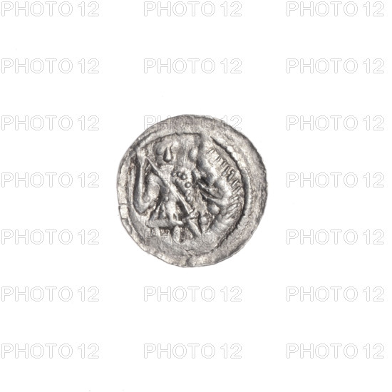 Denarius, Boleslaw III Krzywousty (prince of Poland; 1086–1138). Obverse: in a beaded border, a knight in chain mail thrusting a spearhead into the jaws of an upside-down dragon. Reverse: in a triple beaded border, an isosceles cross topped with balls; in two quarters between its arms one ball, in the next two closer to the center one dot, further on one ball with a dot. Iconography: spearhead, chain mail, equal-armed cross, crosses, mouth, knight, martyrs, Romanesque style, dragon, fight against pagans, fight between good and evil, spears, Adalbert (St.; ca. 956–997). Date: ca. 1125–1138. Place: Poland, Kraków. Coin. Diameter 12.0–12.3 mm. Weight 0.44 g.