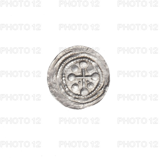 denarius, Boleslaw III Krzywousty (prince of Poland; 1086–1138), allegories, spearhead (issue mark), chain mail (iconographic), equal-armed cross (iconographic), crosses, mouth (iconographic), knight (iconographic), martyrs, Romanesque (style), dragon (iconographic), knights, dragons, mouths, Middle Ages, fight against pagans (iconographic), fight between good and evil (iconographic), spear (iconographic), Adalbert (St.; ca. 956–997). Obv. In the beaded border, a knight in chain mail thrusting a spearhead into the jaws of a dragon turned upside down. Rv. In the triple beaded border, an isosceles cross topped with balls. In two quarters, between its arms, one ball; in the next two, closer to the center of the cross, one dot; further on, one ball with a dot. ca. 1125–1138, Poland, Kraków, coin, diameter 12.0–12.3 mm, weight 0.44 g