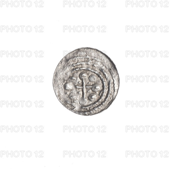 Denarius, Boleslaw III Krzywousty (prince of Poland; ca. 1086–1138). Obverse: in a linear border, a knight in chain mail thrusting a spearhead into the jaws of an upside-down dragon. Reverse: in a triple beaded border, an isosceles cross topped with spheres (two of them with one dot each; other spheres possibly dotted but blurred). Between the cross arms radiate two spheres (smaller ones closer to the center, larger ones with one dot each). Iconography: spearhead, crosses, chain mail, jaws, knight, dragon, martyrs, fight between good and evil, fight against pagans; Romanesque style; St. Adalbert (ca. 956–997) referenced. Ca. 1125–1138; Poland, Kraków. Coin; diameter 11.9–12.3 mm; weight 0.35 g.