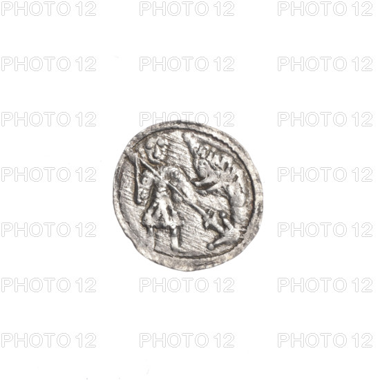denarius, Boleslaw III Krzywousty (prince of Poland; 1086–1138), allegories, equal-armed cross, crosses, spearhead (issue mark), chain mail, mouth, knight, martyrs, dragons, Romanesque (style), Middle Ages, very good (state of preservation), Adalbert (Saint; ca. 956–997), fight against pagans, fight between good and evil. Obv.: In the beaded border, a knight in chain mail thrusting a spearhead into the jaws of a dragon turned upside down. Rv.: In the triple beaded border, an isosceles cross topped with balls; between its arms, one ball (two of them with one dot). ca. 1125–1138, Poland, Kraków, coin; diameter 12.1–12.8 mm, weight 0.51 g