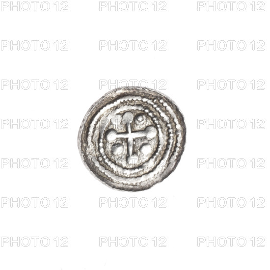 denarius, Boleslaw III Krzywousty (prince of Poland; 1107–1138), allegories, Boleslaw III Krzywousty (prince of Poland; 1086–1138), equal-armed cross, crosses, spearhead (issue mark), chain mail, chain mails, mouth, knight, martyrs, dragons, Romanesque (style), knights, dragon, mouths, Middle Ages, very good (state of preservation), Adalbert (Saint; ca. 956–997), fight against pagans, fight between good and evil, spear, spears. Obv. In the beaded border, a knight in chain mail thrusting a spearhead into the jaws of a dragon turned upside down. Rv. In the triple beaded border, an isosceles cross topped with balls. Between its arms, one ball (two of them with one dot). ca. 1125–1138, Poland, Kraków, coin, diameter 12.1–12.8 mm, weight 0.51 g