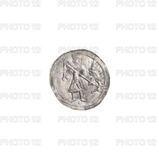 denarius, Boleslaw III Krzywousty (prince of Poland; 1086–1138), allegories, chain mail (iconographic), spearhead (issue mark), equal-armed cross (iconographic), crosses, jaws (iconographic), knight (iconographic), martyrs, Romanesque (style), dragons, knights, jaws, Middle Ages, dragon (iconographic), Adalbert (Saint; ca. 956–997), fight between good and evil (iconographic), fight against pagans (iconographic), spears, spear (iconographic). Obv.: In the beaded border, a knight in chain mail thrusting a spearhead into the jaws of a dragon turned upside down. A dot between the knight's feet. Rv.: In the triple beaded border, an isosceles cross topped with balls (two of them with one dot each). Between its arms, in two quarters, one ball each; in the next two, closer to the center of the cross, a radiating dot and one ball with a dot each. c. 1125–1138, Poland, Kraków; coin; diameter 11.6–12.0 mm; weight 0.36 g.