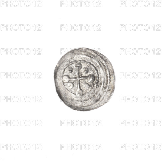 Denarius, Boleslaw III Krzywousty (prince of Poland; 1086–1138). Romanesque, c. 1125–1138, Poland, Kraków. Coin; diameter 11.6–12.0 mm, weight 0.36 g. Obverse: in beaded border, a knight in chain mail thrusting a spearhead into the jaws of an upside-down dragon; a dot between the knight's feet. Reverse: in triple beaded border, an isosceles cross topped with balls (two with a dot each); between its arms, in two quarters one ball each, in the other two quarters a ball with a radiating dot and a ball with a dot. Iconography: chain mail, spearhead (issue mark), equal-armed cross, crosses, jaws, knight, martyrs, dragons, dragon, Adalbert (Saint; ca. 956–997), fight between good and evil, fight against pagans, spears.