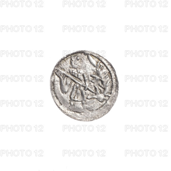 denarius, Boleslaw III Krzywousty (prince of Poland; 1086–1138), allegories, equal-armed cross, spearhead (issue mark), chain mail, jaws, crosses, knight, martyrs, Romanesque (style), dragons, dragon, knights, Middle Ages, Adalbert (St.; ca. 956–997), fight between good and evil, fight against pagans, spear, spears. Obv.: in the beaded border, a knight in chain mail thrusting a spearhead into the jaws of a dragon turned upside down; a ball on the knight's belt. Rv.: in the triple beaded border, an isosceles cross topped with balls (two of them with one dot); between its arms, one ball (each with one dot). ca. 1125–1138. Poland, Kraków. Coin. Diameter 12.4–12.9 mm. Weight 0.36 g.