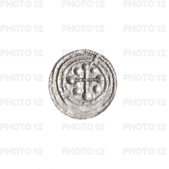 denarius, Boleslaw III Krzywousty (prince of Poland; 1086–1138), allegories, equal-armed cross, spearhead (issue mark), chain mail, jaws, crosses, knight, martyrs, Romanesque (style), dragons, dragon, knights, Middle Ages, Adalbert (St.; ca. 956–997), fight between good and evil, fight against pagans, spear, spears. Obv. In the beaded border, a knight in chain mail thrusting a spearhead into the jaws of a dragon turned upside down. A ball is on the knight's belt. Rv. In the triple beaded border, an isosceles cross topped with balls (two of them with one dot). Between its arms, one ball (each with one dot). ca. 1125–1138. Poland, Kraków. Coin. diameter 12.4–12.9 mm; weight 0.36 g.