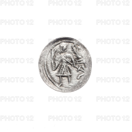 denarius, Boleslaw III Krzywousty (Prince of Poland; 1107–1138), allegories, equal-armed cross, spearhead (issue mark), crosses, chain mail, jaws, chain mails, martyrs, knight, dragons, Romanesque (style), jaws, knights, dragon, Middle Ages, Adalbert (St.; ca. 956–997), fight between good and evil, fight against pagans, spear, spears. Obv.: In the beaded border, a knight in chain mail thrusting a spearhead into the jaws of a dragon turned upside down. Rv.: In the double beaded border, an isosceles cross topped with balls (two of them with one dot each). A dot at the crossing of the arms. Between them, one sun. ca. 1125–1138, Poland, Kraków; coin; diameter 12.8–13.1 mm; weight 0.67 g.