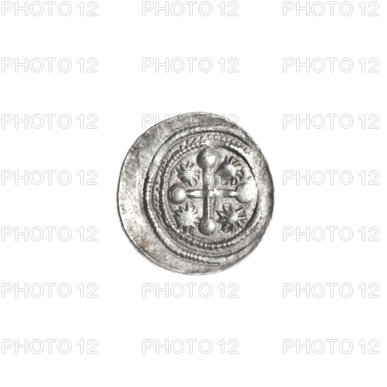 denarius, Boleslaw III Krzywousty (Prince of Poland; 1107–1138), allegories, equal-armed cross, spearhead (issue mark), crosses, chain mail, jaws, martyrs, knight, dragons, Romanesque style, Middle Ages, Adalbert (St.; ca. 956–997), fight between good and evil, fight against pagans, spear, spears. Obv.: In the beaded border, a knight in chain mail thrusting a spearhead into the jaws of an upside-down dragon. Rv.: In the double beaded border, an isosceles cross topped with balls (two of them with one dot each). A dot at the crossing of the arms. Between them, one sun. Ca. 1125–1138. Poland, Kraków. Coin. Diameter 12.8–13.1 mm. Weight 0.67 g.