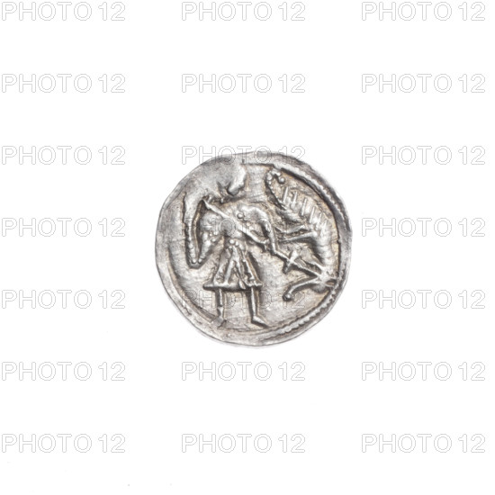 denarius, Boleslaw III Krzywousty (Prince of Poland; 1107–1138), allegories, equal-armed cross, crosses, jaws, chain mail, spearhead (issue mark), martyrs, Romanesque (style), knight, dragons, Middle Ages, very good (state of preservation), fight between good and evil, Adalbert (Saint; ca. 956–997), fight against pagans, spear, spears. Obv. In the beaded border, a knight in chain mail thrusting a spearhead into the jaws of a dragon turned upside down. Rv. In the double beaded border, an isosceles cross topped with balls (two of them with one dot each). A dot at the crossing of the arms. Between them, one sun. ca. 1125–1138, Poland, Kraków, coin, diameter 12.2–12.9 mm, weight 0.68 g