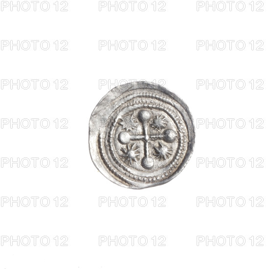 denarius, Boleslaw III Krzywousty (Prince of Poland; 1086–1138), allegories, equal-armed cross, crosses, jaws, chain mail, spearhead (issue mark), martyrs, Romanesque (style), knight, dragons, fight between good and evil, Adalbert (Saint; ca. 956–997), fight against pagans, spear, spears. Obv. In the beaded border, a knight in chain mail thrusting a spearhead into the jaws of a dragon turned upside down. Rv. In the double beaded border, an isosceles cross topped with balls (two of them with one dot each). A dot at the crossing of the arms. Between them, one sun. ca. 1125–1138, Poland, Kraków, coin, diameter 12.2–12.9 mm, weight 0.68 g.