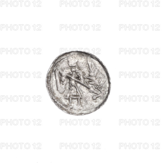 denarius, Boleslaw III Krzywousty (prince of Poland; 1086–1138 / reign 1107–1138), Romanesque, ca. 1125–1138, Poland, Kraków; coin; Obv.: in beaded border, a knight in chain mail thrusting a spearhead into the jaws of an upside-down dragon; Rv.: in triple beaded border, an isosceles cross topped with crossbars, a dot at the intersection of the arms, between the arms radiate two spheres (smaller ones nearer the center, larger ones—two of them—with one dot each); iconography: knight, spearhead, chain mail, dragons, equal-armed cross, crosses, mouths, martyrs, fight against pagans / fight between good and evil; diameter 12.2–12.8 mm; weight 0.57 g