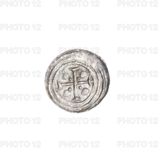 Denarius of Boleslaw III Krzywousty (prince of Poland; ca. 1086–1138), ca. 1125–1138. Obverse: in a beaded border, a knight in chain mail thrusting a spearhead into the jaws of an upside-down dragon. Reverse: in a triple beaded border, an isosceles cross topped with crossbars; a dot at the intersection of the arms; between the arms, radiating two spheres (smaller ones closer to the center, larger ones—two of them—each with one dot). Iconography: knight, chain mail, spearhead/spear, dragon, equal-armed cross, crosses, mouths; themes of martyrs, fight against pagans, fight between good and evil; Romanesque style. Associated saint: Adalbert (ca. 956–997). Coin; Poland, Kraków. Diameter: 12.2–12.8 mm. Weight: 0.57 g.