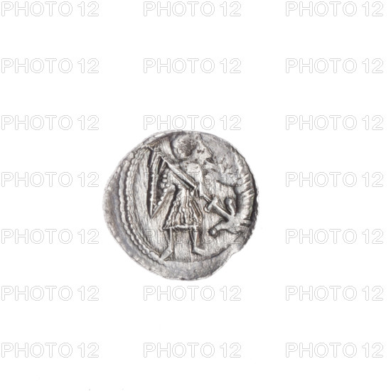 Denarius, Boleslaw III Krzywousty (prince of Poland; 1086–1138). Romanesque coin, ca. 1125–1138, Poland, Kraków. Obverse: in a beaded border, a knight in chain mail thrusting a spearhead into the jaws of an upside-down dragon. Reverse: in a triple beaded border, an isosceles cross topped with balls (two with a single dot each) and a dot at the crossing of the arms; a sun between them. Motifs: equal-armed cross, crosses, chain mail, spearhead (issue mark), spear(s), knight, dragons, mouths, martyrs, fight between good and evil, fight against pagans, Adalbert (St.; ca. 956–997). Diameter 11.9–12.4 mm; weight 0.75 g.
