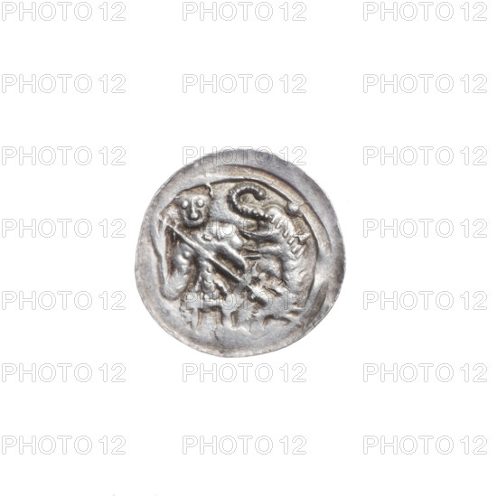Denarius of Boleslaw III Krzywousty (prince of Poland; 1086–1138). Obverse: in a linear border, a knight in chain mail thrusting a spearhead into the jaws of an upside-down dragon; between the border and the dragon's body, a ball. Reverse: in a triple beaded border, an isosceles cross topped with balls (one with a dot); at the intersection of the arms, a ball; between them, a single sun. Iconography: equal-armed cross, spearhead, chain mail, jaws, knight, dragon, fight between good and evil/fight against pagans, martyrs, Adalbert (Saint; ca. 956–997). Romanesque style. Date ca. 1125–1138. Kraków, Poland. Coin; diameter 12.9–13.2 mm; weight 0.63 g.