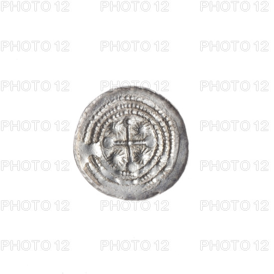 denarius, Boleslaw III Krzywousty (prince of Poland; 1086–1138), allegories, equal-armed cross (iconographic), crosses, spearhead (issue mark), chain mail (iconographic), chain mails, jaws (iconographic), martyrs, knight (iconographic), dragons, knights, Romanesque (style), dragon (iconographic), Middle Ages, fight between good and evil (iconographic), fight against pagans (iconographic), Adalbert (Saint; ca. 956–997), spear (iconographic), Obv. In the linear border, a knight in chain mail thrusting a spearhead into the jaws of a dragon turned upside down. Between the border and the dragon's body, a ball. Rv. In the triple beaded border, an isosceles cross topped with balls (one of them has a dot). At the intersection of the arms, a ball. Between them, a single sun. ca. 1125–1138, Kraków, Poland, coin, diameter 12.9–13.2 mm, weight 0.63 g