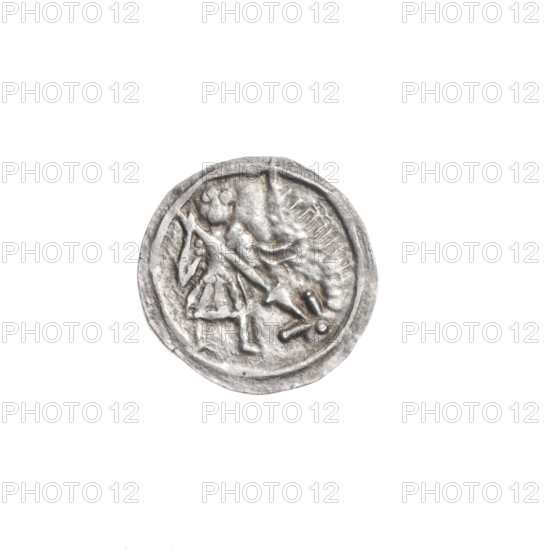 denarius, Boleslaw III Krzywousty (Prince of Poland; 1086–1138), allegories, spearhead (issue mark), chain mail, crosses, equal-armed cross, jaws, martyrs, Romanesque (style), knight, dragons, dragon, knights, Middle Ages, fight between good and evil, Adalbert (Saint; ca. 956–997), fight against pagans, spear, very good (state of preservation), spears. Obv. In the linear border, a knight in chain mail thrusting a spearhead into the jaws of a dragon turned upside down. Rv. In the triple beaded border, an isosceles cross topped with balls (one dot on each); between its arms, one ball (one dot on each). ca. 1125–1138. Poland, Kraków. Coin. Diameter 13.1–13.6 mm. Weight 0.70 g.
