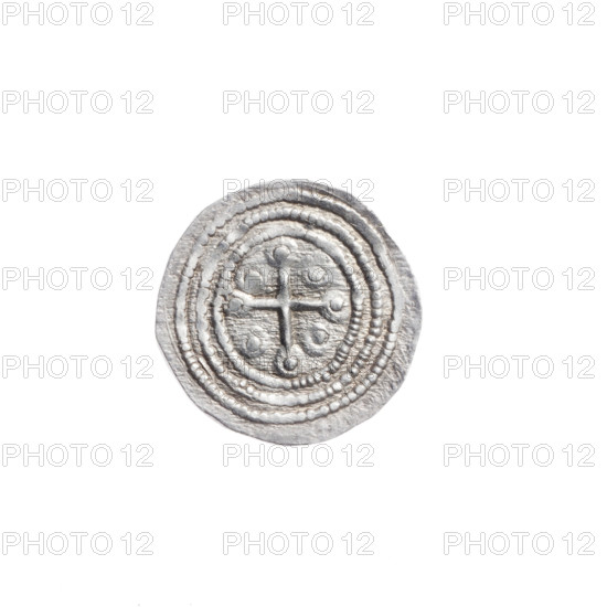 denarius, Boleslaw III Krzywousty (Prince of Poland; 1107–1138), allegories, Boleslaw III Krzywousty (Prince of Poland; 1086–1138), spearhead (issue mark), chain mail, crosses, equal-armed cross topped with balls, jaws, martyrs, Romanesque (style), knight, dragons, dragon, knights, Middle Ages, fight between good and evil, Adalbert (Saint; ca. 956–997), fight against pagans, spear, very good (state of preservation), spears, Obv.: In the linear border, a knight in chain mail thrusting a spearhead into the jaws of a dragon turned upside down. Rv.: In the triple beaded border, an isosceles cross topped with balls; between its arms, one ball. ca. 1125–1138, Poland, Kraków, coin, diameter 13.1–13.6 mm, weight 0.70 g
