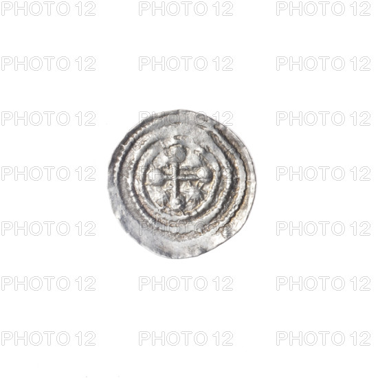 denarius, Boleslaw III Krzywousty (prince of Poland; 1086–1138), allegories, equal-armed cross, spearhead (issue mark), chain mail, crosses, jaws, knight, Romanesque (style), martyrs, dragon, Middle Ages, dragons, fight against pagans, spear, fight between good and evil, Adalbert (Saint; ca. 956–997), spears. Obv.: In the beaded border, a knight in chain mail thrusting a spearhead into the jaws of a dragon turned upside down. Rv.: In the triple beaded border, an isosceles cross topped with balls (two of them with one dot each). Between its arms, a single sun. One arm intersects the other at approximately 1/3 of its length. ca. 1125–1138; Kraków, Poland. Coin. Diameter 11.9–12.3 mm; weight 0.58 g.