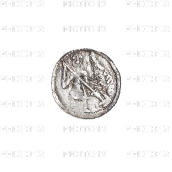 denarius, Boleslaw III Krzywousty (prince of Poland; 1086–1138; reign 1107–1138), allegories, spearhead (issue mark), chain mail, equal-armed cross, crosses, martyrs, knight, Romanesque (style), jaws, jaw, dragons, knights, dragon, fight between good and evil, Adalbert (Saint; ca. 956–997), fight against pagans, Middle Ages, spear, spears. Obv.: In the beaded border, a knight in chain mail thrusting a spearhead into the jaws of a dragon turned upside down. Rv.: In the triple beaded border, an isosceles cross topped with balls; between its arms radiate two balls (smaller ones closer to the center, larger ones farther). ca. 1125–1138. Poland, Kraków. Coin; diameter 12.6–13.2 mm; weight 0.40 g.