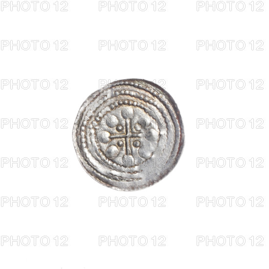 denarius, Boleslaw III Krzywousty (prince of Poland; 1086–1138 / reign 1107–1138), allegories, spearhead (issue mark), chain mail, equal-armed cross, crosses, martyrs, knight, Romanesque (style), jaws, jaw, dragons, knights, dragon, fight between good and evil, Adalbert (Saint; ca. 956–997), fight against pagans, Middle Ages, spear, spears. Obv. In the beaded border, a knight in chain mail thrusting a spearhead into the jaws of a dragon turned upside down. Rv. In the triple beaded border, an isosceles cross topped with balls. Between its arms radiate two balls (smaller ones closer to the center of the cross, larger ones). ca. 1125–1138, Poland, Kraków, coin, diameter 12.6–13.2 mm, weight 0.40 g