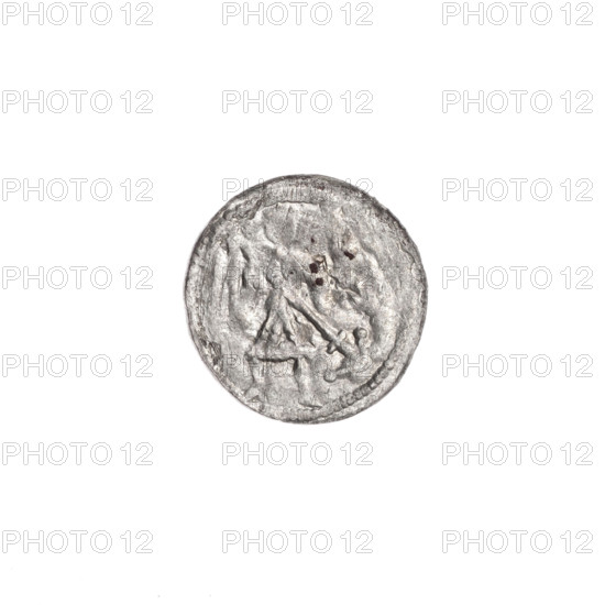 Denarius of Boleslaw III Krzywousty (prince of Poland; 1107–1138). Obverse: in the beaded border, a knight in chain mail thrusting a spearhead into the jaws of an upside-down dragon. Reverse: in the triple beaded border, an equal-armed (isosceles) cross topped with balls; at the intersection of the arms a ball; one ball between the arms. Allegorical Romanesque imagery: knights, dragons, fight between good and evil, fight against pagans; motif relates to Saint Adalbert. Circa 1125–1138, Poland (Kraków). Coin; diameter ~12.5–12.9 mm; weight 0.28 g.