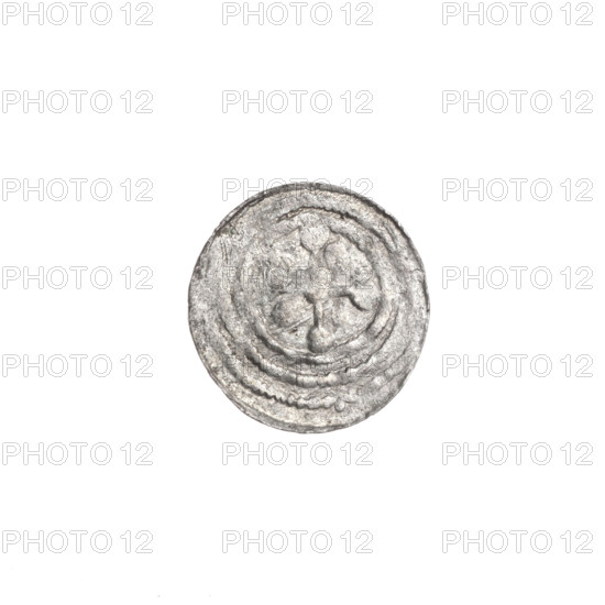 Denarius, Boleslaw III Krzywousty (prince of Poland; 1086–1138). Obverse: in a beaded border, a knight in chain mail thrusting a spearhead into the jaws of an upside-down dragon; depiction includes knight, chain mail, spearhead (issue mark), dragons—iconography suggesting fight between good and evil and fight against pagans, possibly referencing Saint Adalbert (ca. 956–997). Reverse: in a triple beaded border, an isosceles cross topped with balls; at the intersection of the arms a ball, with one ball between the arms. Romanesque style; ca. 1125–1138. Poland, Kraków. Coin; diameter 12.5–12.9 mm; weight 0.28 g.