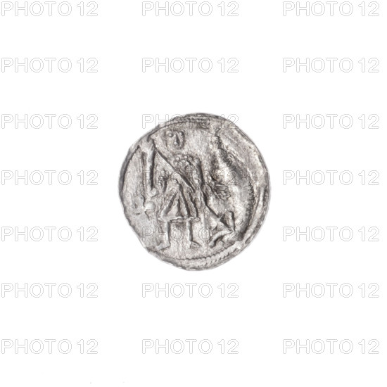 Denarius, Boleslaw III Krzywousty (prince of Poland; 1086–1138). Obverse: in a beaded border, a knight in chain mail thrusting a spearhead into the jaws of an upside-down dragon; a ball under the knight's right elbow. Reverse: in a triple beaded border, an isosceles cross topped with balls, a ball at the intersection of the arms; radiating balls between the arms (smaller near the center, larger ones—three of them with one dot). Allegorical Romanesque imagery of knights, martyrs, dragons; themes of fight between good and evil and fight against pagans; possible reference to Saint Adalbert. Issue mark: spearhead. Date: ca. 1125–1138. Place: Kraków, Poland. Coin (denarius). Diameter: 12.1–12.5 mm. Weight: 0.46 g.