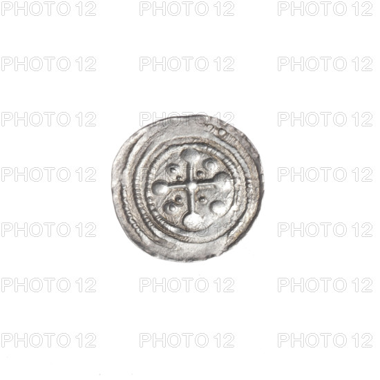 Denarius of Boleslaw III Krzywousty (prince of Poland, ca. 1086–1138), ca. 1125–1138. Obverse: in beaded border, a knight in chain mail thrusting a spearhead into the jaws of an upside-down dragon; a ball under the knight’s right elbow. Reverse: in triple beaded border, an equal-armed (isosceles) cross topped with balls; a ball at the intersection of the arms; radiating balls between the arms (smaller near the center, larger ones—three with a dot). Romanesque style; allegorical scene of the fight between good and evil / fight against pagans; references to martyrs and Saint Adalbert. Coin (denarius), Kraków, Poland; diameter 12.1–12.5 mm; weight 0.46 g.