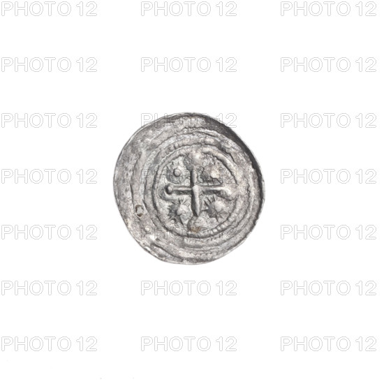 denarius, Boleslaw III Krzywousty (prince of Poland; 1086–1138), allegories, equal-armed cross, crosses, spearhead (issue mark), chain mail, jaws, martyrs, knight, Romanesque (style), dragons, Middle Ages, fight between good and evil, fight against pagans, Adalbert (Saint; ca. 956–997), spear, spears. Obv.: In the beaded border, a knight in chain mail thrusting a spearhead into the jaws of a dragon turned upside down. Rv.: In the triple beaded border, an isosceles cross topped with balls (two of them with one dot each). A dot at the crossing of the arms. Between them, one sun (each with one dot). ca. 1125–1138. Poland, Kraków. Coin. Diameter 11.9–12.3 mm. Weight 0.48 g.