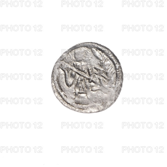 denarius, Boleslaw III Krzywousty (prince of Poland; 1107–1138), allegories, equal-armed cross, spearhead (issue mark), chain mail, crosses, mouth, knight, martyrs, Romanesque (style), knights, mouths, dragons, dragon, Middle Ages, fight against pagans, Adalbert (Saint; ca. 956–997), fight between good and evil, spear, spears. Obv. In the beaded border, a knight in chain mail thrusting a spearhead into the jaws of a dragon turned upside down. A ball is on the knight's belt. Rv. In the triple beaded border, an isosceles cross topped with balls. Between its arms, one ball (two of them have one dot). One arm intersects the other at approximately 1/3 of its length. ca. 1125–1138, Poland, Kraków, coin, diameter 13.1–13.6 mm, weight 0.48 g