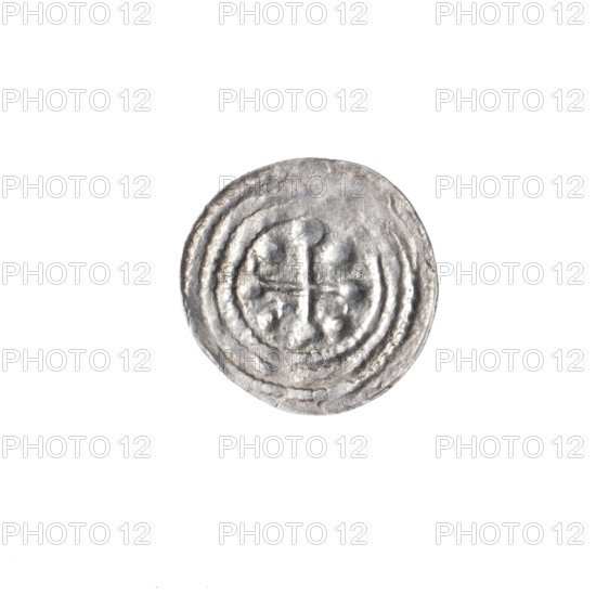 Denarius, Boleslaw III Krzywousty (prince of Poland; 1086–1138). Obverse: in the beaded border, a knight in chain mail thrusting a spearhead into the jaws of an upside-down dragon; a ball on the knight's belt. Reverse: in the triple beaded border, an isosceles cross topped with balls; between its arms, one ball (two of them have one dot); one arm intersects the other at approximately 1/3 of its length. Allegories; equal-armed cross; spearhead (issue mark); chain mail; crosses; mouth; knight; martyrs; Romanesque style; knights; mouths; dragons; dragon; Middle Ages; fight against pagans; Adalbert (Saint; ca. 956–997); fight between good and evil; spear; spears. Coin, ca. 1125–1138, Poland, Kraków. Diameter 13.1–13.6 mm; weight 0.48 g.