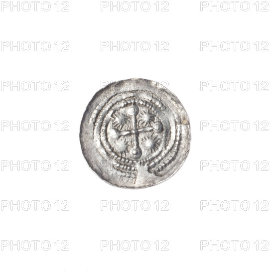 Denarius of Boleslaw III Krzywousty (prince of Poland; ca. 1125–1138). Obverse: in the beaded border, a knight in chain mail thrusting a spearhead into the jaws of an upside-down dragon. Reverse: in the triple beaded border, an isosceles cross topped with balls (three of them have one dot each; the fourth is unclear); a dot at the crossing of the arms; a single sun between them. Romanesque style; iconography includes knight, dragon, spearhead, chain mail, equal-armed cross, martyrs, fight between good and evil, fight against pagans; reference to Saint Adalbert. Coin, Poland, Kraków; diameter 12.6–12.9 mm; weight 0.60 g.