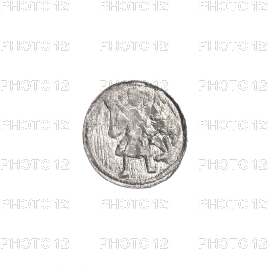 Denarius, Boleslaw III Krzywousty (prince of Poland; 1107–1138). Obverse: in the beaded border, a knight in chain mail thrusting a spearhead into the jaws of an upside-down dragon. Reverse: in the triple beaded border, an isosceles cross topped with balls; at the intersection of the arms, a ball. Allegories of fight between good and evil, fight against pagans; motifs include equal-armed cross, spearhead (issue mark), crosses, chain mail, jaws, knight, martyrs, dragons; Romanesque style; depiction relates to Adalbert (Saint; ca. 956–997). Date ca. 1125–1138. Poland, Kraków. Coin (denarius); diameters 12.1–12.4 mm; weight 0.34 g.