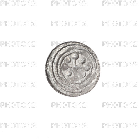 Denarius of Boleslaw III Krzywousty (prince of Poland; r. 1107–1138). Obverse: in the beaded border, a knight in chain mail thrusting a spearhead into the upside-down jaws of a dragon (fight between good and evil / fight against pagans; Martyr Adalbert referenced iconographically). Reverse: in the triple beaded border, an isosceles cross topped with balls; at the intersection of the arms, a ball; additional balls between the arms. Allegories, equal-armed cross, spearhead (issue mark), crosses, chain mail, knight, dragons; Romanesque style. Date: ca. 1125–1138. Place: Kraków, Poland. Coin. Diameter 12.1–12.4 mm. Weight 0.34 g.