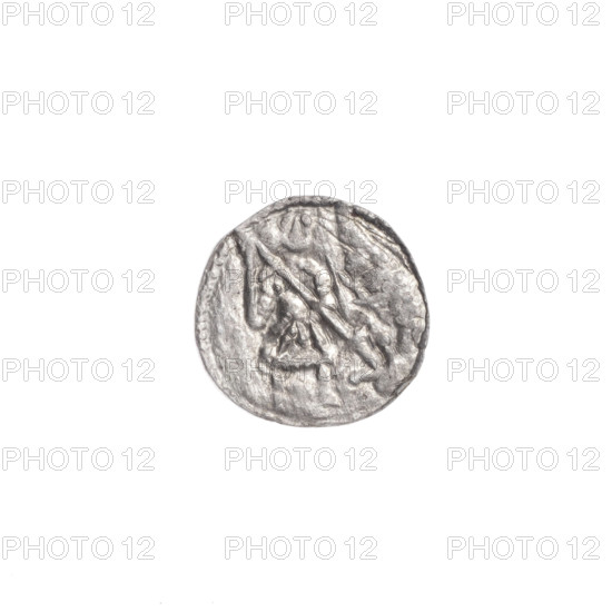 denarius, Boleslaw III Krzywousty (prince of Poland; 1107–1138), allegories, Boleslaw III Krzywousty (prince of Poland; 1086–1138), equal-armed cross, spearhead (issue mark), chain mail, crosses, chain mail, mouth, martyrs, knight, dragons, knights, Romanesque (style), Middle Ages, dragon, Adalbert (St.; ca. 956–997), mouths, fight between good and evil, fight against pagans, spear, spears. Obv. In the beaded border, a knight in chain mail thrusting a spearhead into the jaws of a dragon turned upside down. Rv. In the triple beaded border, an isosceles cross topped with balls. At the intersection of the arms, a ball. Between them, one ball. ca. 1125–1138. Poland, Kraków. Coin. Diameter 11.8–12.1 mm. Weight 0.38 g.