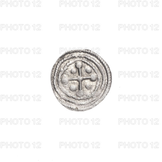 denarius, Boleslaw III Krzywousty (prince of Poland; 1107–1138), allegories, Boleslaw III Krzywousty (prince of Poland; 1086–1138), equal-armed cross, spearhead (issue mark), chain mail, crosses, chain mail, mouth, martyrs, knight, dragons, knights, Romanesque (style), Middle Ages, dragon, Adalbert (St.; ca. 956–997), mouths, fight between good and evil, fight against pagans, spear, spears. Obv. In the beaded border, a knight in chain mail thrusting a spearhead into the jaws of a dragon turned upside down. Rv. In the triple beaded border, an isosceles cross topped with balls. At the intersection of the arms, a ball. Between them, one ball. ca. 1125–1138, Poland, Kraków, coin, diameter 11.8–12.1 mm, weight 0.38 g