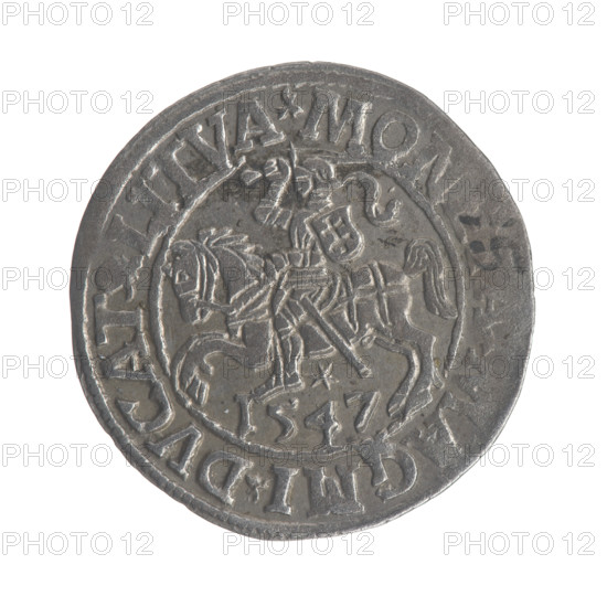 Lithuanian half-grosz, Sigismund II Augustus (King of Poland; 1544–1572). Obverse: Polish Eagle; in the rim between pearly borders the inscription: .SIGIS.AVG.REX.PO.MAG.DVX.LI. Reverse: Lithuanian Pogon, below the year 1547; in the rim between pearly borders the inscription: .MON. MAGNI.DVCAT. LITVA. 1547. Jagiellon dynasty; Grand Duchy of Lithuania; Vilnius, Poland. Coin; diameter 19.8–20.5 mm; weight 1.18 g.