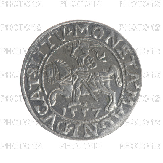 Lithuanian half-grosz, Sigismund II Augustus (King of Poland; 1544–1572). Obverse: Polish Eagle; in the rim between pearly borders the inscription '.SIGIS.AVG.REX.PO.MAG.DVX.LI'. Reverse: Lithuanian Pogon; below the year '1557'; in the rim between pearly borders the inscription '.MONETA.M, NI.DVCAT9.LITV'. 1557. Grand Duchy of Lithuania (Vilnius). Coin; diameter ~19.1–19.2 mm; weight 1.17 g.