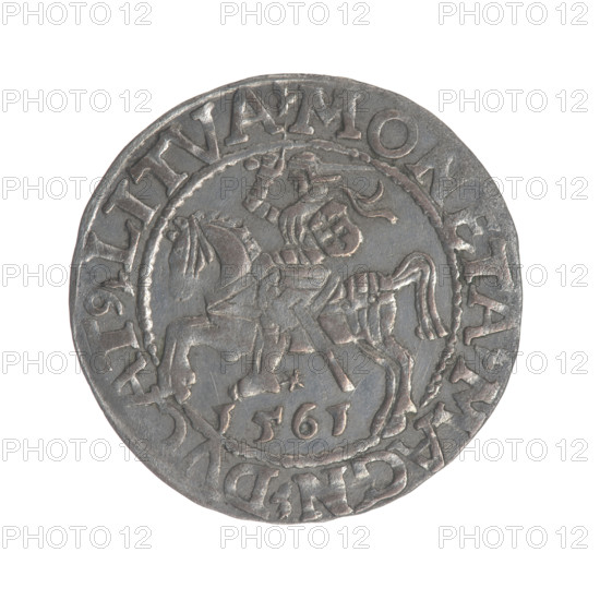 Lithuanian half-grosz, Sigismund II Augustus (King of Poland; 1544–1572), coats of arms, Jagiellons dynasty; obverse: Polish Eagle, in rim between pearly borders inscription '.SIGIS.AVG REX.PO.MAG.DVX.LI'; reverse: Lithuanian Pogon, below the year 1561, in rim between pearly borders inscription '.MONETA.MAGN.DVCAT9.LITVA'; 1561; Grand Duchy of Lithuania, Vilnius; coin; diameter ~19.5–19.8 mm; weight 1.17 g