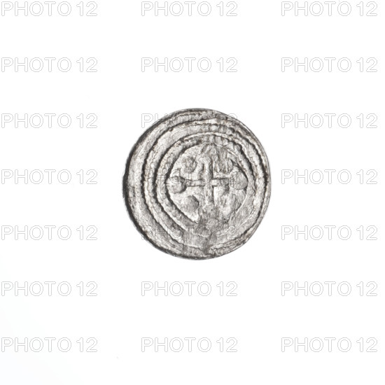 denarius, Boleslaw III Krzywousty (prince of Poland; 1107–1138), allegories, equal-armed cross, Boleslaw III Krzywousty (prince of Poland; 1086–1138), crosses, chain mail, chain mail, spearhead (issue mark), martyrs, mouth, knight, Romanesque (style), dragons, knights, mouths, dragon, Middle Ages, Adalbert (Saint; ca. 956–997), spear, fight between good and evil, spears, fight against pagans. Obv.: In the beaded border, a knight in chain mail thrusting a spearhead into the jaws of a dragon turned upside down. Rv.: In the triple beaded border, an isosceles cross topped with balls; between its arms, one ball. ca. 1125–1138, Poland, Kraków, coin, diameter 11.8–12.2 mm, weight 0.43 g