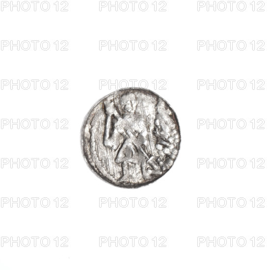 denarius, Boleslaw III Krzywousty (prince of Poland; 1086–1138/1107–1138), Romanesque style, ca. 1125–1138, Poland, Kraków, coin. Obv.: in the beaded border, a knight in chain mail thrusting a spearhead into the jaws of an upside-down dragon. Rv.: in the triple beaded border, an equal-armed (isosceles) cross topped with balls; at the intersection a central ball; between the arms a ball (one with a dot); in one quarter next to the central ball a dot. Iconography: spearhead, spear, chain mail, knight, dragon, dragons, jaws, fight between good and evil, fight against pagans, crosses, martyrs, Adalbert (Saint; ca. 956–997). Diameter: 11.2–11.7 mm. Weight: 0.35 g.