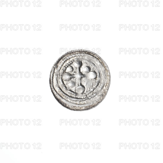 Denarius of Boleslaw III Krzywousty (prince of Poland; ca. 1086–1138). Obverse: in the beaded border, a knight in chain mail thrusting a spearhead into the jaws of an upside-down dragon; iconography includes spearhead, chain mail, equal-armed cross, crosses, martyrs, knight, dragons, dragon, jaws, fight between good and evil, fight against pagans, spears, Adalbert (Saint; ca. 956–997). Reverse: in the triple beaded border, an isosceles cross topped with balls; at the intersection of the arms a ball, between them one ball (one with a dot), and in one quarter, next to the central ball, a dot. Romanesque style; ca. 1125–1138, Poland, Kraków. Coin; diameter 11.2–11.7 mm; weight 0.35 g.