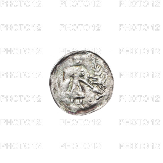 Denarius, Boleslaw III Krzywousty (prince of Poland; 1086–1138). Obverse: in the beaded border, a knight in chain mail thrusting a spearhead into the jaws of an upside-down dragon. Reverse: in the triple beaded border, an isosceles cross topped with balls; between its arms, a ball (one shows a dot; others partially visible from under-striking). Iconography: chain mail, spearhead, jaws, equal-armed cross, knights, dragon, fight against pagans, fight between good and evil, martyrs; Romanesque style; Adalbert (Saint; ca. 956–997). Date ca. 1125–1138. Poland, Kraków. Coin; diameter 12.1–12.5 mm; weight 0.35 g.