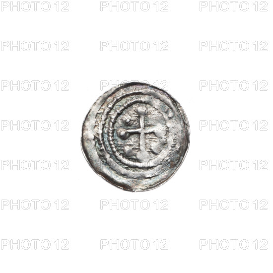 Denarius of Boleslaw III Krzywousty (prince of Poland; ca. 1086–1138), ca. 1125–1138. Obverse: in a beaded border, a knight in chain mail thrusting a spearhead into the upside-down jaws of a dragon. Reverse: in a triple beaded border, an isosceles cross topped with balls (one ball has a dot; others may show due to under-striking), with a ball between its arms. Iconography: knight, chain mail, spear/spearhead, dragon, jaws, equal-armed cross, fight between good and evil, martyrs; Romanesque style. Mint: Kraków, Poland. Coin; silver denarius; diameters 12.1–12.5 mm; weight 0.35 g.