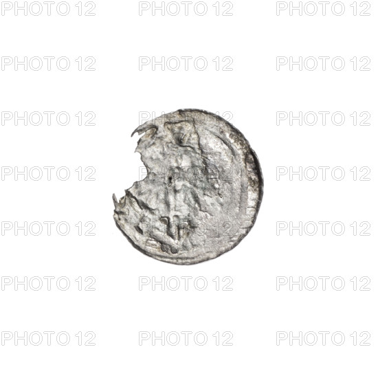 Denarius of Boleslaw III Krzywousty (prince of Poland; 1107–1138). Obverse: in a linear border, a knight in chain mail thrusting a spearhead into the jaws of an upside-down dragon. Reverse: in a triple beaded border, an isosceles equal-armed cross topped with balls; at the intersection of the arms, a ball; between them three balls (fourth obscured by a surface defect). Features: allegorical imagery, crosses, knight in chain mail, spearhead (issue mark), dragons, fight between good and evil, fight against pagans, reference to St. Adalbert (ca. 956–997); Romanesque style. Date: ca. 1125–1138. Origin: Kraków, Poland. Medium: coin (denarius). Diameter: 11.7–12.7 mm. Weight: 0.33 g.