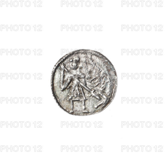 denarius, Boleslaw III Krzywousty (prince of Poland; 1086–1138), allegories, equal-armed cross, chain mail, spearhead (issue mark), crosses, jaws, knight, Romanesque (style), martyrs, dragons, Middle Ages, dragon, knights, fight between good and evil, very good (state of preservation), Adalbert (Saint; ca. 956–997), fight against pagans, spear, spears. Obv.: In a beaded border, a knight in chain mail thrusting a spearhead into the jaws of a dragon turned upside down. Rv.: In a triple beaded border, an isosceles cross topped with balls; between its arms radiate two balls (smaller ones closer to the center, larger ones farther out). ca. 1125–1138, Poland, Kraków; coin; diameter 12.2–12.7 mm; weight 0.41 g
