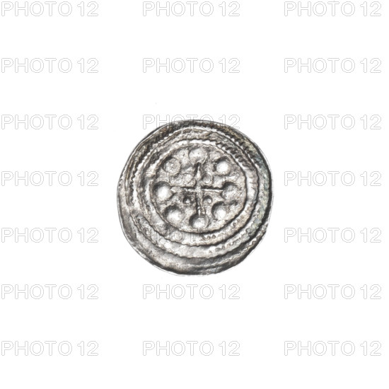 denarius, Boleslaw III Krzywousty (prince of Poland; 1107–1138), allegories, Boleslaw III Krzywousty (prince of Poland; 1086–1138), equal-armed cross, chain mail, spearhead (issue mark), crosses, jaws, knight, Romanesque (style), martyrs, dragons, Middle Ages, jaws, dragon, knights, fight between good and evil, very good (state of preservation), Adalbert (Saint; ca. 956–997), fight against pagans, spear, spears. Obv.: In a beaded border, a knight in chain mail thrusting a spearhead into the jaws of a dragon turned upside down. Rv.: In a triple beaded border, an isosceles cross topped with balls; between its arms radiate two balls (smaller ones closer to the center, larger ones farther out). ca. 1125–1138. Poland, Kraków. Coin. Diameter 12.2–12.7 mm. Weight 0.41 g.