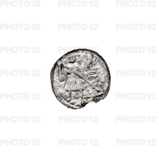 Denarius of Boleslaw III Krzywousty (prince of Poland; ca. 1107–1138). Obverse: in a beaded border, a knight in chain mail thrusting a spearhead into the jaws of an inverted dragon. Reverse: in a triple beaded border, an isosceles cross topped with balls; at the intersection of the arms, a ball; between the arms, one ball. Iconography: allegories, crosses, spearhead (issue mark), chain mail, jaws, knight, martyrs, dragon, fight between good and evil, fight against pagans, spear; Romanesque style; Adalbert (Saint; ca. 956–997). Date ca. 1125–1138. Poland, Kraków. Coin; diameter 11.1–11.9 mm; weight 0.31 g.