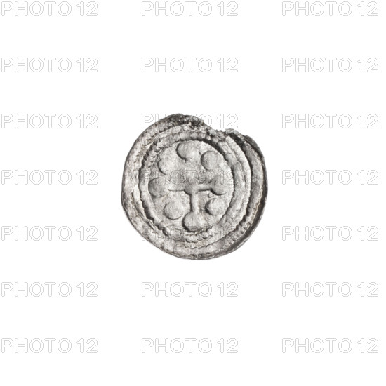 Denarius of Boleslaw III Krzywousty (prince of Poland; ca. 1086–1138), ca. 1125–1138. Obverse: within a beaded border, a knight in chain mail thrusting a spearhead into the jaws of an upside-down dragon. Reverse: within a triple beaded border, an equal-armed (isosceles) cross topped with balls; a ball at the intersection and one between the arms. Iconography: knight, dragon, chain mail, spear/spearhead, jaws, martyrs, fight between good and evil / fight against pagans, Adalbert (Saint; ca. 956–997), Romanesque style. Coin; Poland, Kraków. Diameter c.11.1–11.9 mm; weight 0.31 g.